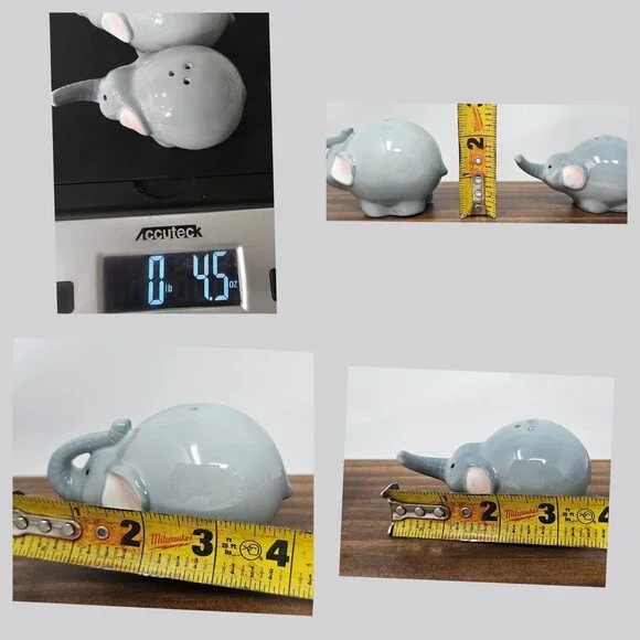 Adorable Mom & Baby Elephant Ceramic Salt Pepper Shakers Trunks Up Round Body - Picture 7 of 7